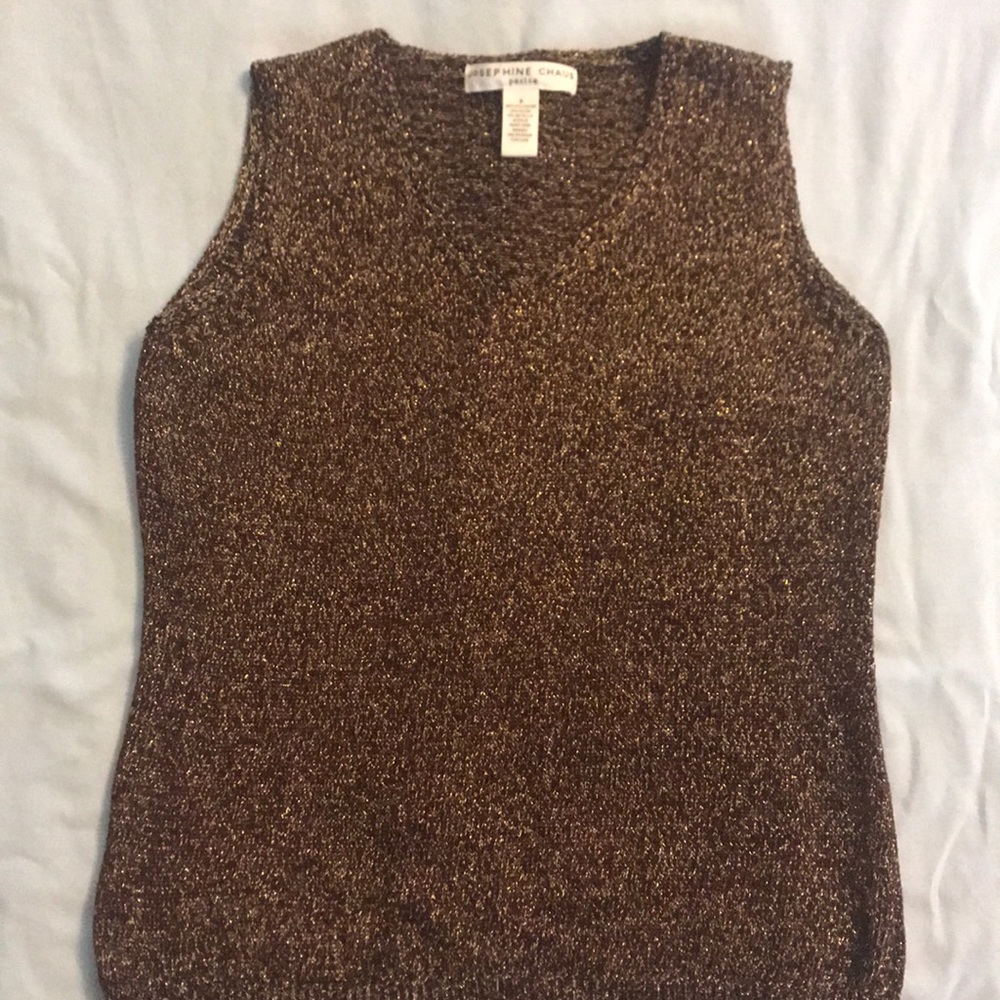 Sleeveless, brown/ gold metallic. Tight fitting.